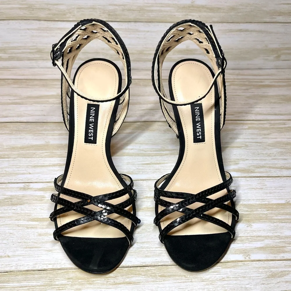 Nine West Ivonne Women Black Ankle Strap Sequins 4” Heels size 5 - Picture 3 of 8
